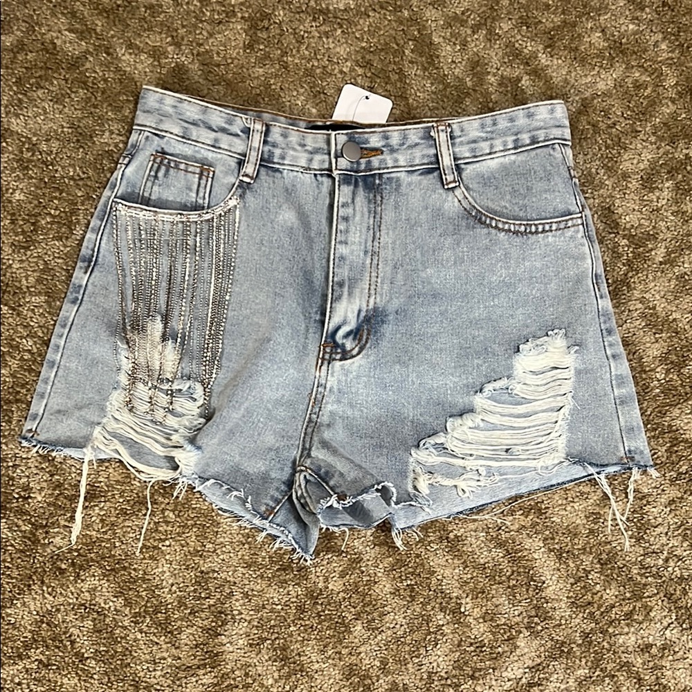 Distressed Denim with Rhinestone Fringe Women's Shorts